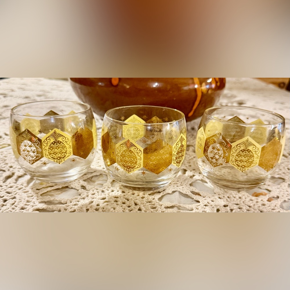 Vintage Cera Ned Harris Gold Pineapple Roly Poly Glasses Set Of 3 MCM